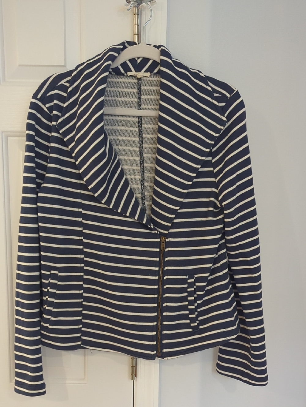 Mystree Navy and White Striped Shawl Collar Jacket